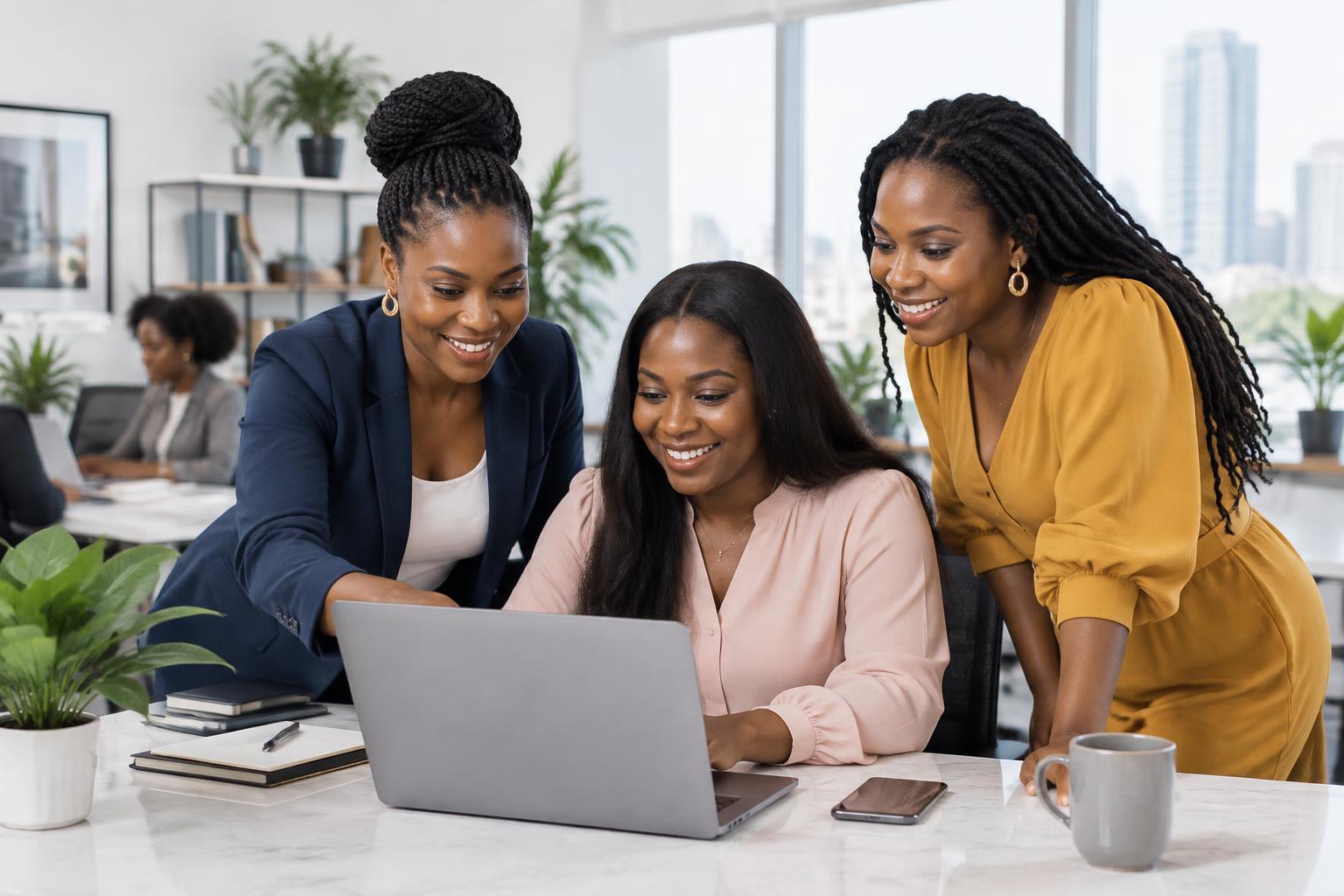Professionals collaborating in a bright workspace